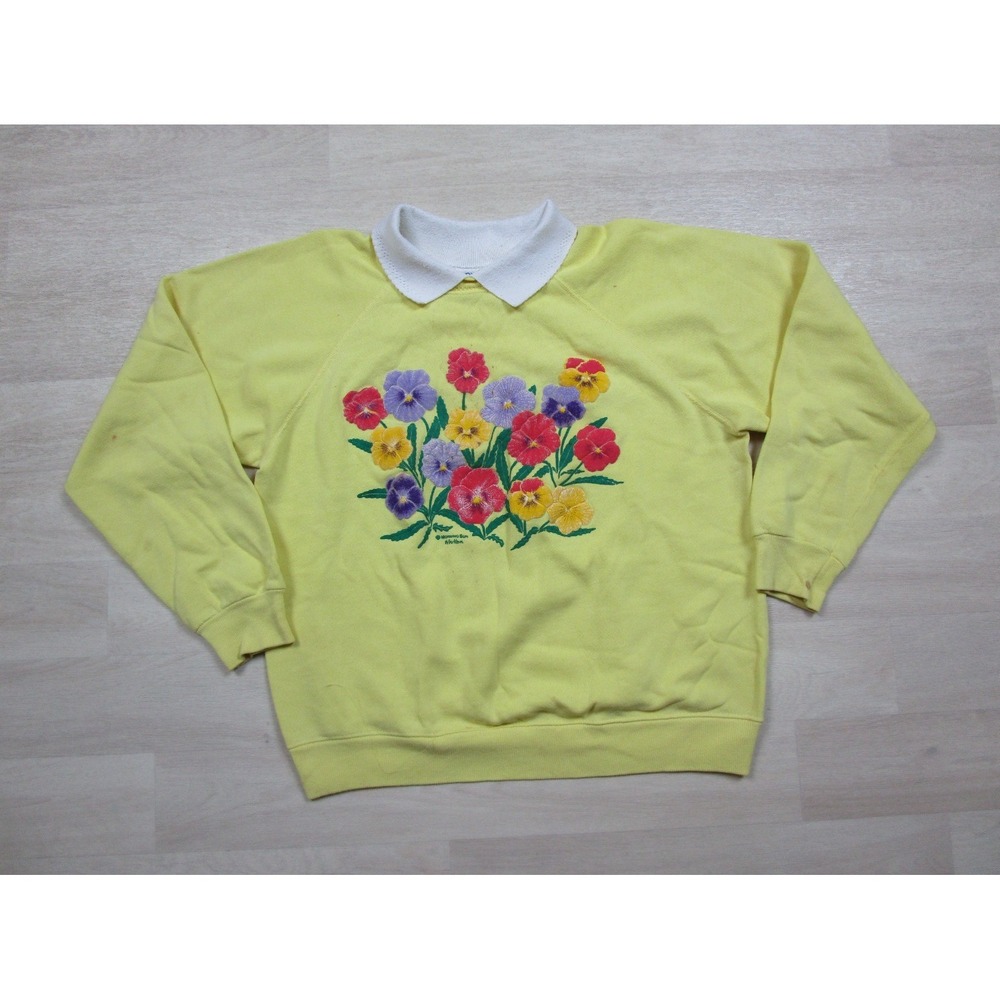 Vintage Morning Sun Sweatshirt Yellow Collared "Flowers" Women's (L) 1980's
